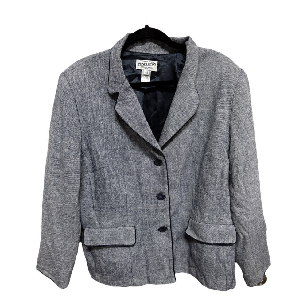 Pendleton Plus Size Blue White Rayon Wool Silk Blazer Coat Jacket Size 18